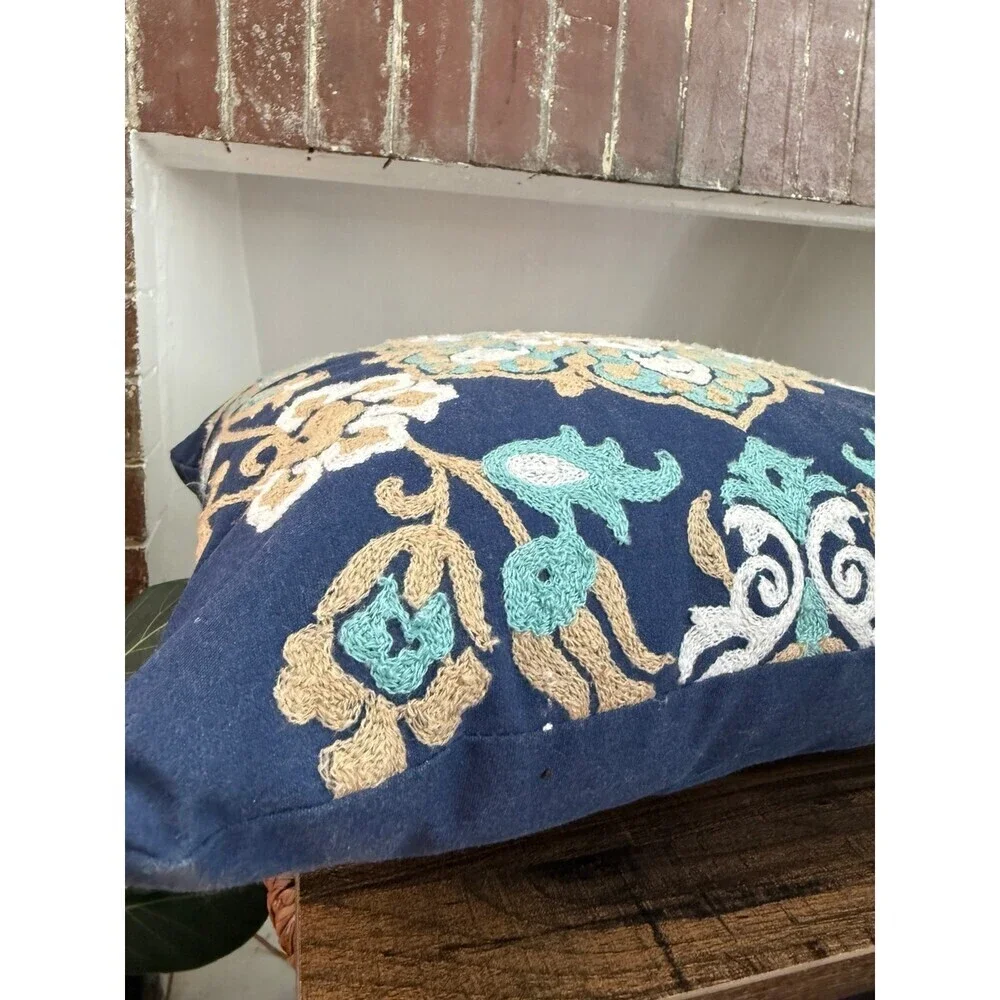 Blue floral embroidered, throw pillow
